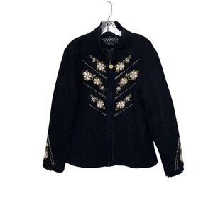 Icelandic Women's Wool Gray Jacket Floral Embroidery Zipper Closure Size XL